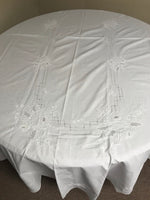 Pure White Rose Embroidery Round Cotton Table Cloth Cover 56” Christmas Holiday