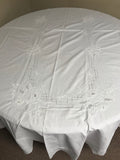 a** Pure White Rose Embroidery Round Cotton Table Cloth Cover 56” Christmas Holiday