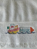 <add€€ Baby Unisex One Size 100% Cotton White Bib Cross Stitch Tug Boat Pushing Milk Bottle