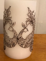 a** NEW Unscented Handcrafted Pillar CANDLES White Lovebird Henna Design in Brown Pillar Volcanica Set/3 4172