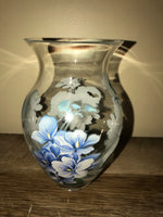 [L] <€€ Vintage Small Blue Flowers Painted Bud Vase Heavy Glass