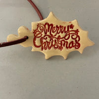 <€€ Merry Christmas Holly Leaf Ceramic Gift Tag Holiday Ornament on Leather String