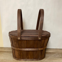 <€€ Large Oval Wood Basket w/ Wood Lid and Dual Handles Brown Sewing