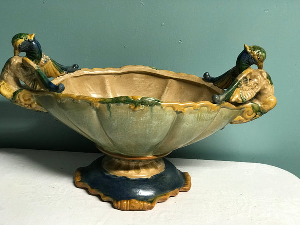 NEW Green Peacock Pedestal Vase Planter Bowl Oval Centerpiece Decor Pottery