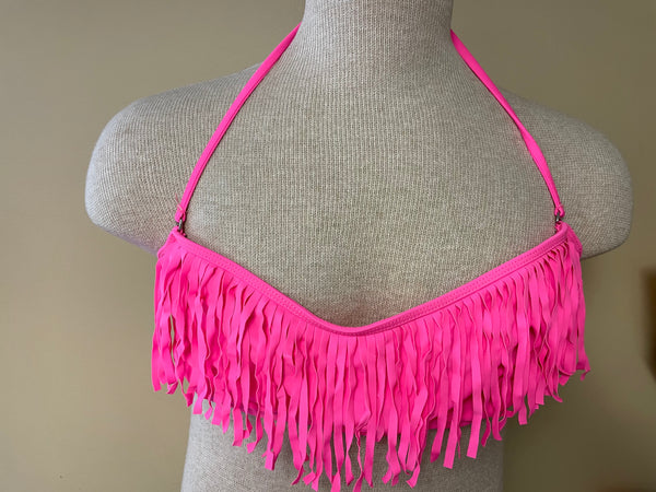 Womens Juniors CANDIE’S Large Bright Neon Pink Fringed Swimsuit Top