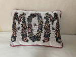 <€€ Small “MOM” Tapestry Decorative Pillow Floral Butterflies 13”x9.5” Red Back