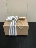a** Natural 4” Square Gift Box Gray and White Striped Tie w/Tag Flower