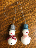 <€€ Vintage Set Pair of 2 2.5” Snowman Foam Ornaments with Glitter Top Hat Blue Silver Scarf