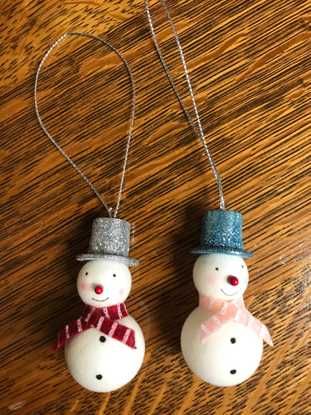 a** Vintage Set Pair of 2 2.5” Snowman Foam Ornaments with Glitter Top Hat Blue Silver Scarf