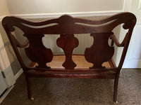 Vintage Hand Crafted Black Walnut Settee on Wheels w/ Woven Cane Seat Like New Cherry Finish