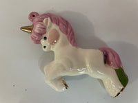 <€€ Set of 3 Vintage Whimsical Ceramic Ornaments Pink Unicorns Gold Gilt