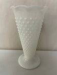 a** Vintage Milk Glass Vase White 7.25” Pedestal Hobnail Ruffle Edge Tall