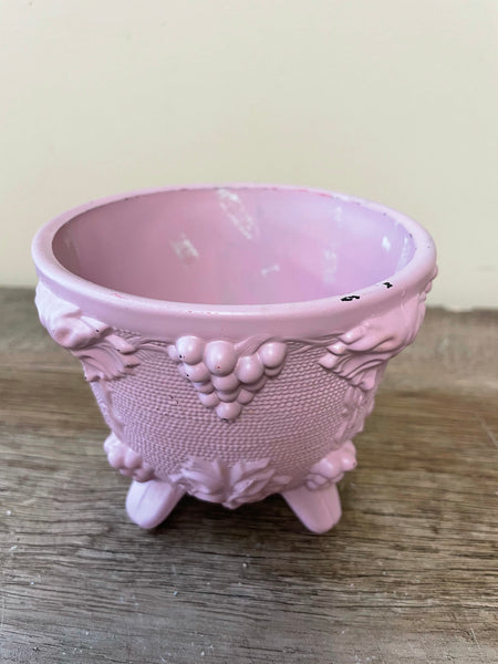 *Vintage Pink Grapes Round Footed Painted Glass Planter Candy Dish
