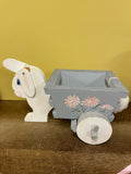 ^ Easter Bunny Pulling Wood Wheeled Cart Decor Spring