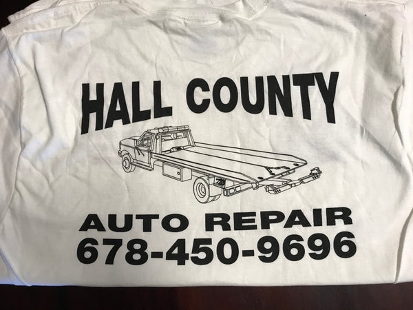 € New Mens Hall County AUTO REPAIR  Body Shop Tshirt Short Sleeve Heavy Cotton White Small Fruit of the Loom