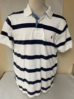 Mens RALPH  LAUREN Custom Fit POLO Cotton Short Sleeve Shirt XL Blue Stripe