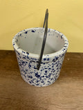 ~€ Blue Splatterware/Spongeware 4” H x 4” Diameter Crock Pottery Wire Handle