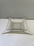 €€ Vintage Set/2 Clear Glass Square Serving Trays Dishes Pressed Gold Rim