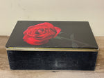 <€€ Vintage Black Velvet Jewelry Trinket Lacquered Red Rose Gold Lining