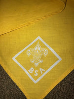 a* Vintage Yellow Stamped Scarf BSA Boy Scouts of America Uniform 38” x 19”