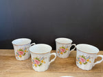 Vintage Set of 4 SPRING BOUQUET White Tea Coffee Cups Mugs 3.25” Porcelain Gold Rim