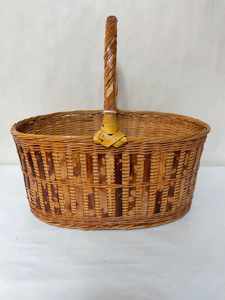 <€€ Oval Wood Woven Rattan Basket w/ Handles Two Tone