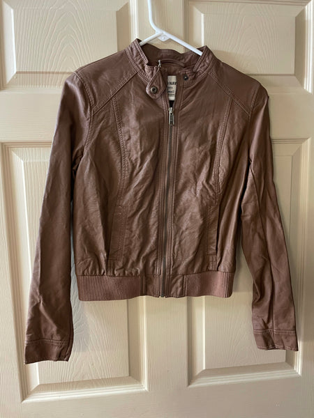 Womens Small OLD NAVY Brown Leather Look Biker Jacket Zip Up Viscose