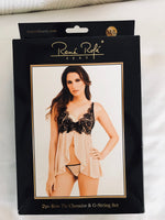 Womens Medium/Large Rene Rofe’ 2pc Babydoll Chemise & G-String Nude & Black Lace NWT