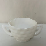 a** Vintage Milk Glass White Sugar Bowl (no lid) Block Cube Weave Pattern 2 Handles