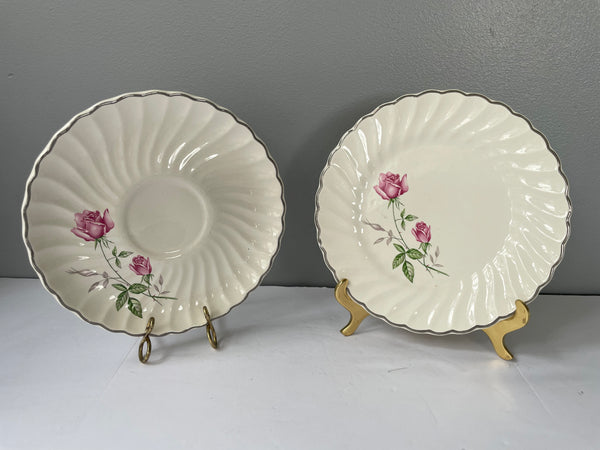 Vintage Pair Set/2 White 6.35” Bread Dessert Plate & Saucer White w/ Pink Roses Silver Rim