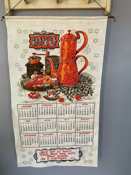 Vintage 1970 Calendar Linen Hanging on Wood Rod Country Coffee Grinder Pot & Dessert Orange