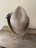 a** Vintage Montgomery Ward Fedora Tweed Hat Brown Plaid Fitted Small 8” Band