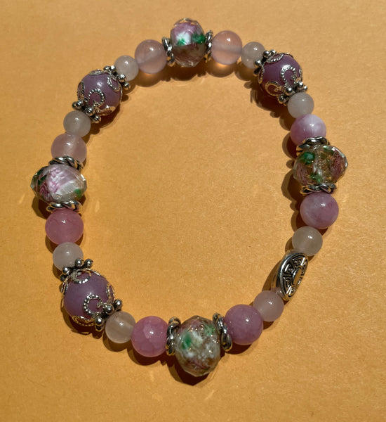 * New Pink & Purple Glass Beads Stretch Beaded Bracelet Silver Spacers for Womens/Teens Yoga