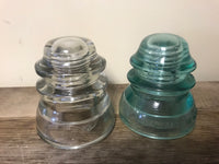 [L] <€€ Vintage Pair Set/2 4” Clear Aqua Glass Whitall Tatum Co. USA Railroad Telephone Pole Insulators #1-8 #1/44-45