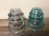 ~ Vintage Pair Set/2 4” Clear Aqua Glass Whitall Tatum Co. USA Railroad Telephone Pole Insulators #1-8 #1/44-45