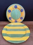 €¥ Pair/Set of 2 Dessert Salad Plates Green & Yellow Stripes Flowers Pot Luck Kaffe Fassett Furio Home