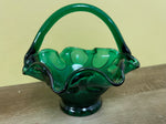 a** Vintage Green Depression Glass Basket Candy Bowl Dish Ruffled Rim Textured Exterior