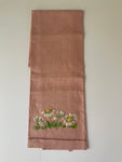 [L] <€€ Vintage Deep Pink Embroidered Linen Tea Towel Daisies