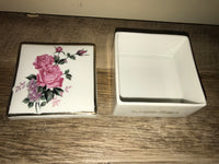 ~ Rose Covered Ceramic Square Lidded Trinket Keepsake Box