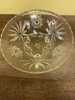 ~ Vintage Starburst Clear Etched Glass 3 Footed Candy Dish Bowl 6.75” Scalloped Rim