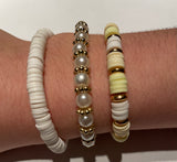 <€€ New Beaded Stretchy Clay Bead Set/3 Bracelets Handmade Kids Teens Yellow and Gold