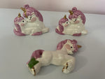 <€€ Set of 3 Vintage Whimsical Ceramic Ornaments Pink Unicorns Gold Gilt