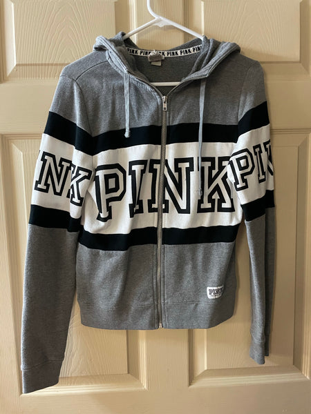 Womens Juniors Small/P VICTORIA’s SECRET Pink Zip Up Jacket Hoodie Gray White Black