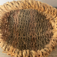 <€€ Rustic Round Rattan Basket Woven Coil Multi Colored