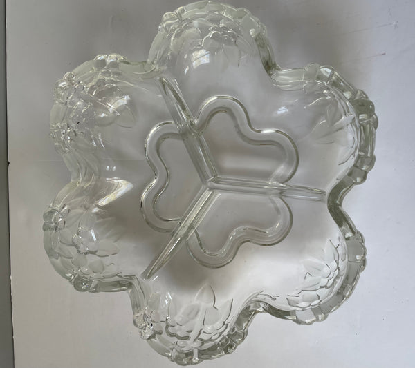 a** Vintage Divided Relish Glass Serving Tray Molded Raised Grapes and Frosted Leaves 3 Sections