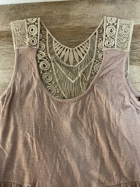 Womens Juniors JUST GINGER Brown Tank Dress w/ Gold Lace Back Small