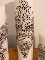 a** NEW Unscented Handcrafted Pillar CANDLES White Lovebird Henna Design in Brown Pillar Volcanica Set/3 4172