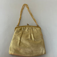 a** Vintage Metallic Gold Evening Bag Clasp Purse w/Chain Lined