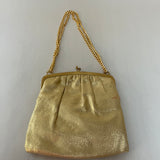 € Vintage Metallic Gold Evening Bag Clasp Purse w/Chain Lined