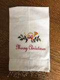 New Christmas Holiday White Embroidered Tea Towels Beaded Edges Pair Set/2 NWT
